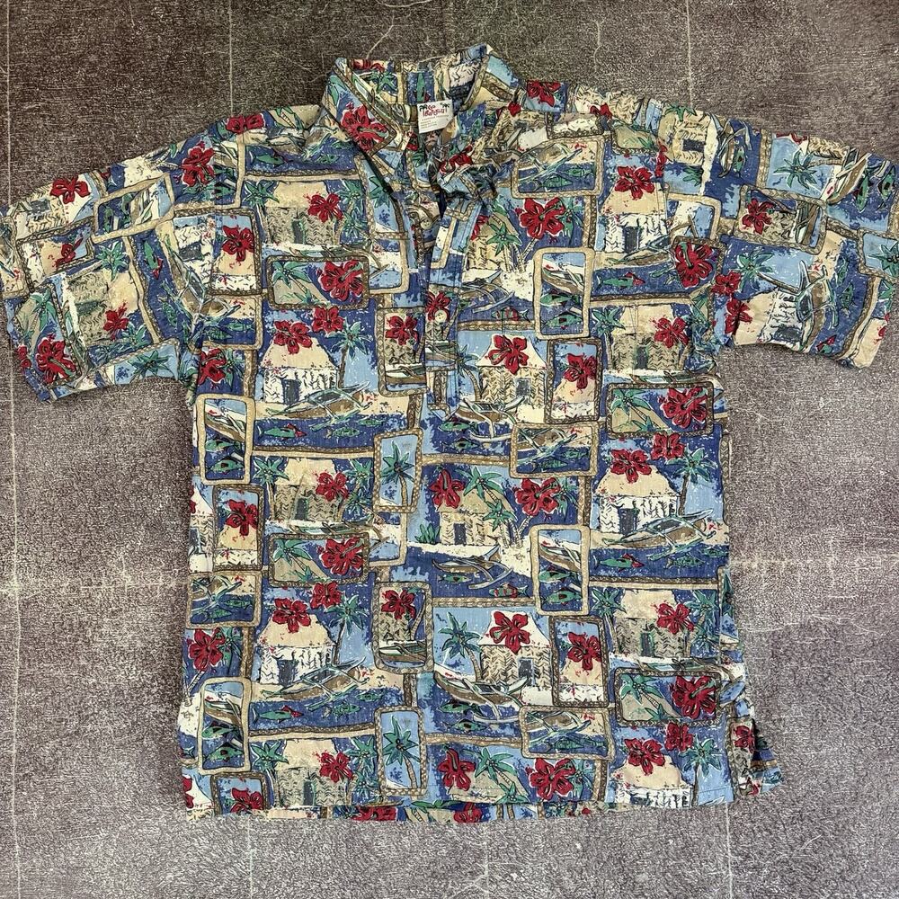 Men's Vintage 90's Go Barefoot Trader Joes Employee Hawaiian Floral Polo Sz L